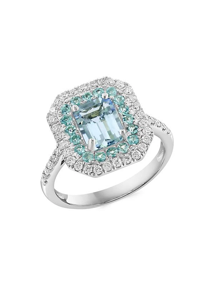 14K White Gold Aquamarine, Paraíba Tourmaline & 0.39 TCW Diamond Ring