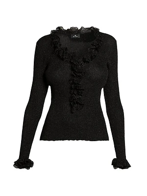 Frill Metallic Rib-Knit Sweater