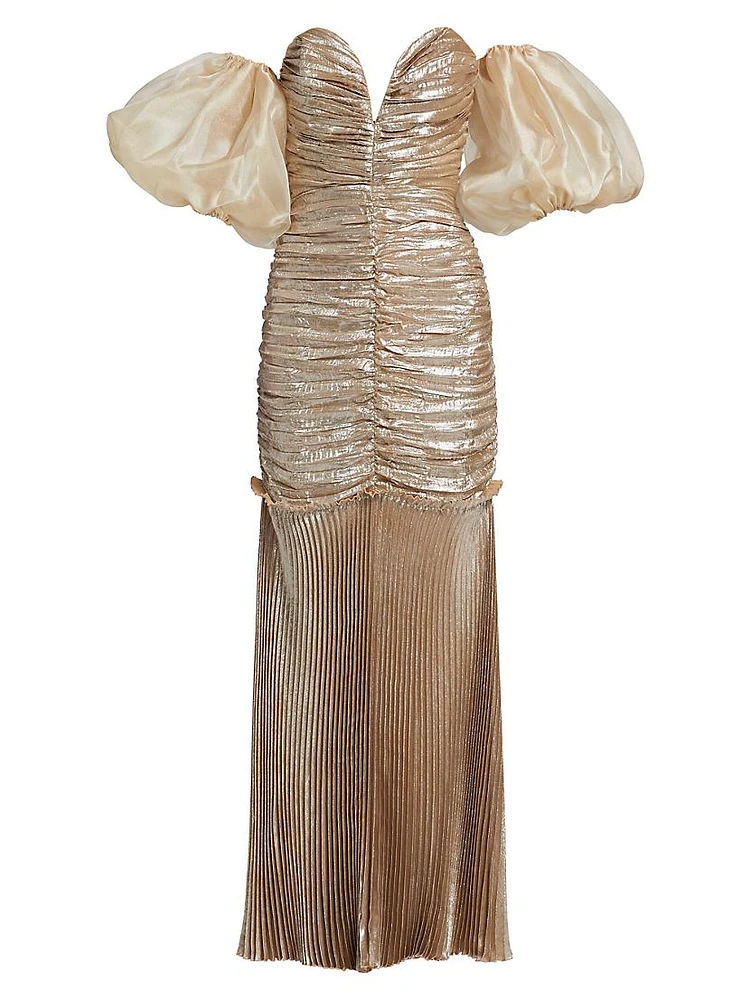 La Fete Parlour Metallic Ruched Balloon-Sleeve Gown