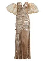 La Fete Parlour Metallic Ruched Balloon-Sleeve Gown