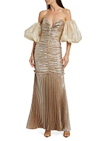 La Fete Parlour Metallic Ruched Balloon-Sleeve Gown