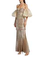 La Fete Parlour Metallic Ruched Balloon-Sleeve Gown