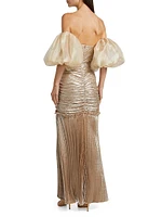 La Fete Parlour Metallic Ruched Balloon-Sleeve Gown