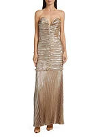 La Fete Parlour Metallic Ruched Balloon-Sleeve Gown