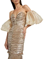 La Fete Parlour Metallic Ruched Balloon-Sleeve Gown