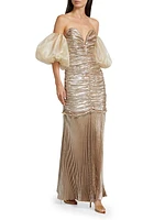 La Fete Parlour Metallic Ruched Balloon-Sleeve Gown