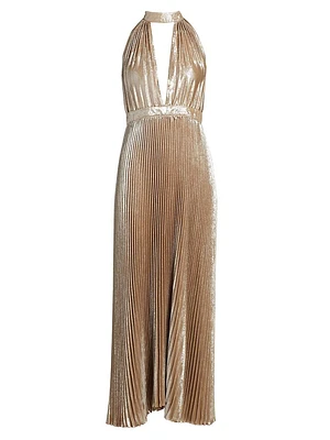 La Fête Chateau Metallic Pleated Halterneck Gown