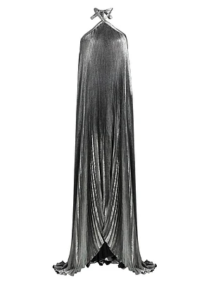 La Fête Déesse Metallic Asymmetric Pleated Halterneck Gown