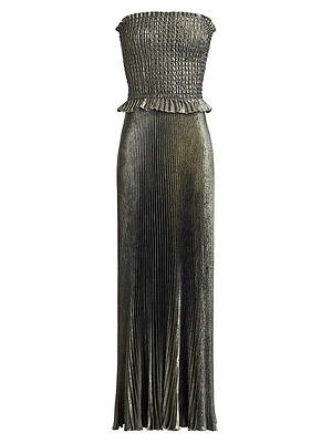 La Fête Maya Metallic Smocked Pleated Strapless Gown
