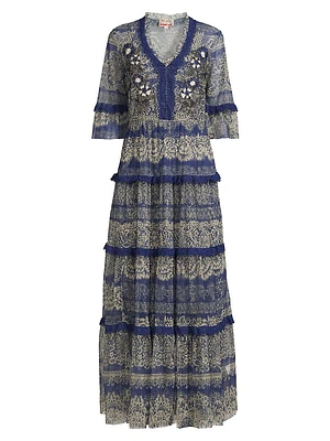 Mazzy Embellished Mesh Tiered Maxi Dress