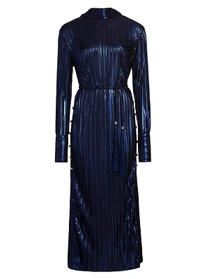 Azura Metallic Pleated Long-Sleeve Midi-Dress