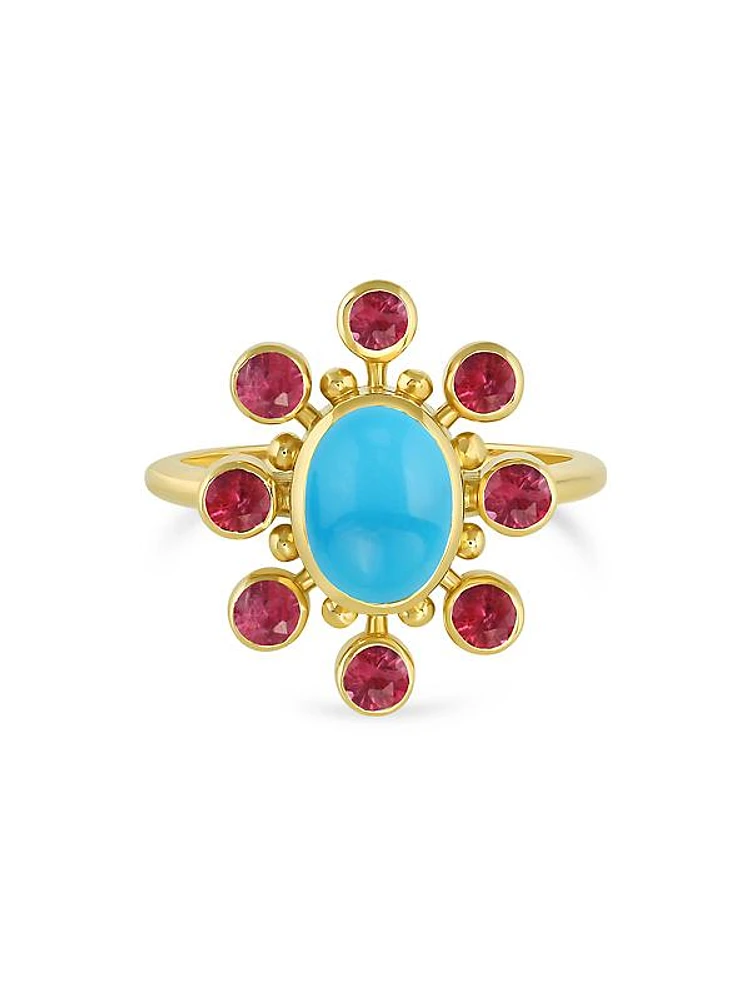 Tillya Tepe Cosmos 18K Yellow Gold, Sleeping Beauty Turquoise & Ruby Ring