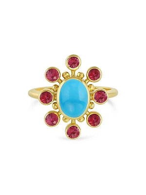 Tillya Tepe Cosmos 18K Yellow Gold, Sleeping Beauty Turquoise & Ruby Ring