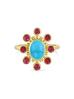 Tillya Tepe Cosmos 18K Yellow Gold, Sleeping Beauty Turquoise & Ruby Ring