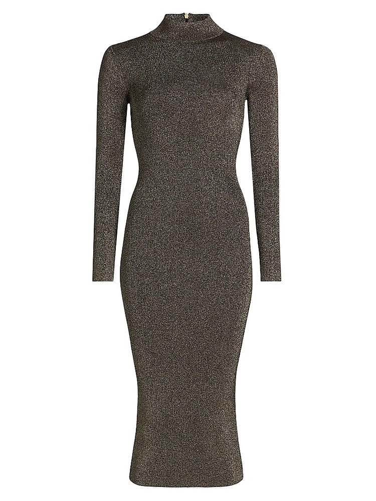 Metallic Mock Turtleneck Body-Con Midi-Dress