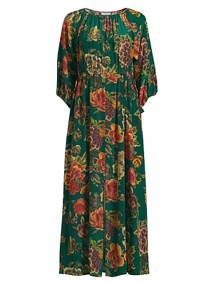 Verronah Floral Silk Drawstring Midi-Dress