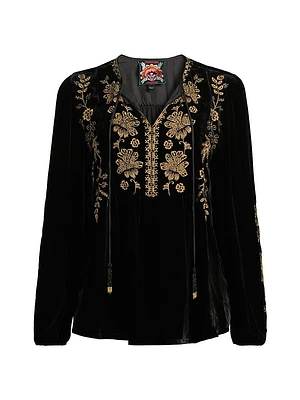 Naomi Embroidered Velvet Tieneck Blouse