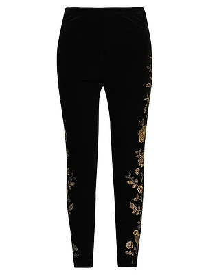 Embroidered Stretch Velvet High-Rise Leggings