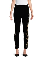 Embroidered Stretch Velvet High-Rise Leggings