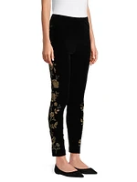 Embroidered Stretch Velvet High-Rise Leggings