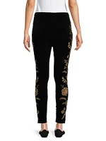 Embroidered Stretch Velvet High-Rise Leggings