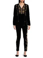 Embroidered Stretch Velvet High-Rise Leggings