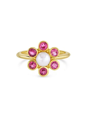 The Poets Pearly Flower 18K Yellow Gold, Pink Tourmaline & Akoya Pearl Ring