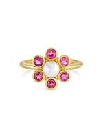 The Poets Pearly Flower 18K Yellow Gold, Pink Tourmaline & Akoya Pearl Ring