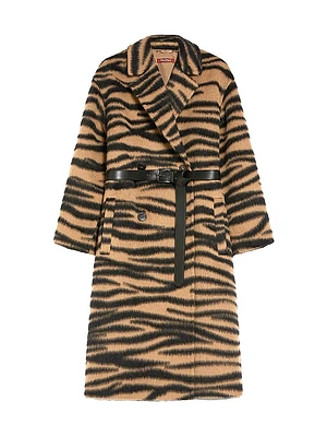 Vidim Belted Tiger-Printed Wool-Alpaca Coat