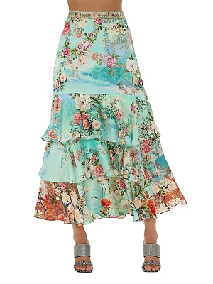 Floral Silk Ruffled Maxi Skirt