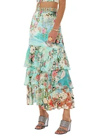 Floral Silk Ruffled Maxi Skirt