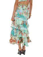 Floral Silk Ruffled Maxi Skirt