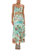 Floral Silk Ruffled Maxi Skirt