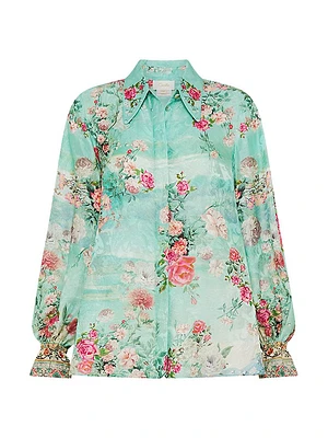 Rose-Print Silk Blouse