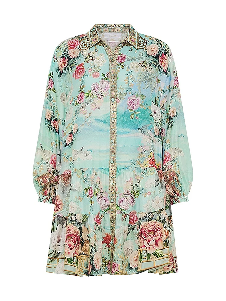 Printed Silk Tiered Shirtdress