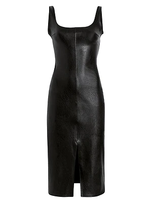 Stretch Faux-Leather Scoopneck Midi-Dress
