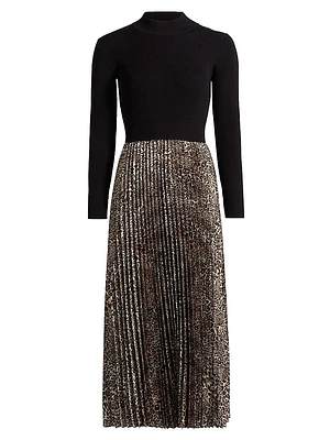 Mave Leopard Mixed-Media Midi-Dress