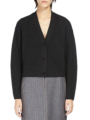 York Wool Rib-Knit V-Neck Cardigan