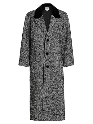 Herringbone Velvet-Trim Long Coat