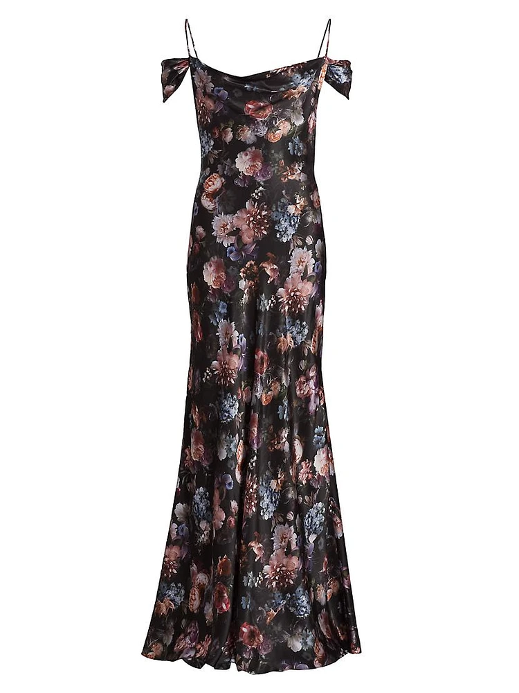 Kenna Floral Cold-Shoulder Silk Maxi-Dress