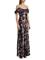 Kenna Floral Cold-Shoulder Silk Maxi-Dress