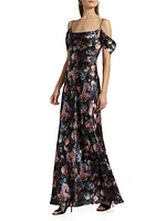 Kenna Floral Cold-Shoulder Silk Maxi-Dress