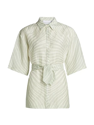 Celeste Geometric Linen-Blend Belted Top