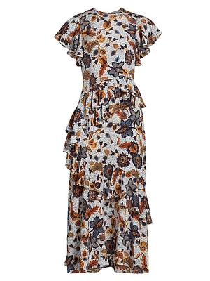 Amaia Floral Ruffled Silk Midi-Dress