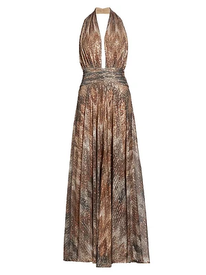 Reyna Abstract Sequined Halterneck Gown