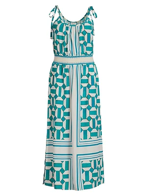 Geometric Blouson Tie-Strap Midi-Dress