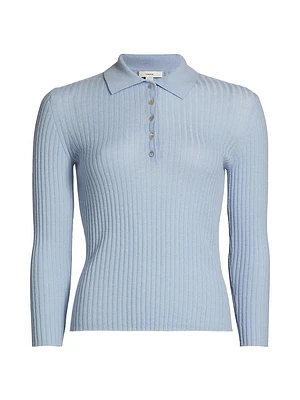 Cashmere-Silk Rib-Knit Polo Top