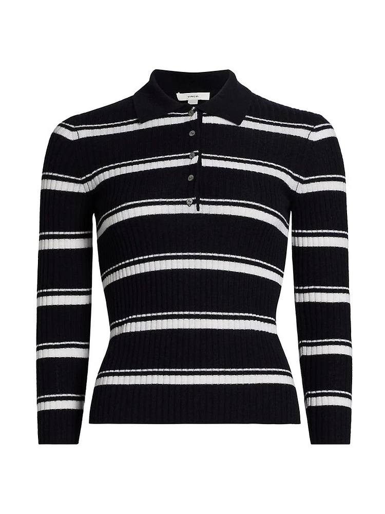 Cashmere-Silk Striped Polo Top