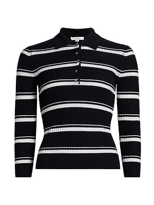 Cashmere-Silk Striped Polo Top