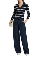 Cashmere-Silk Striped Polo Top